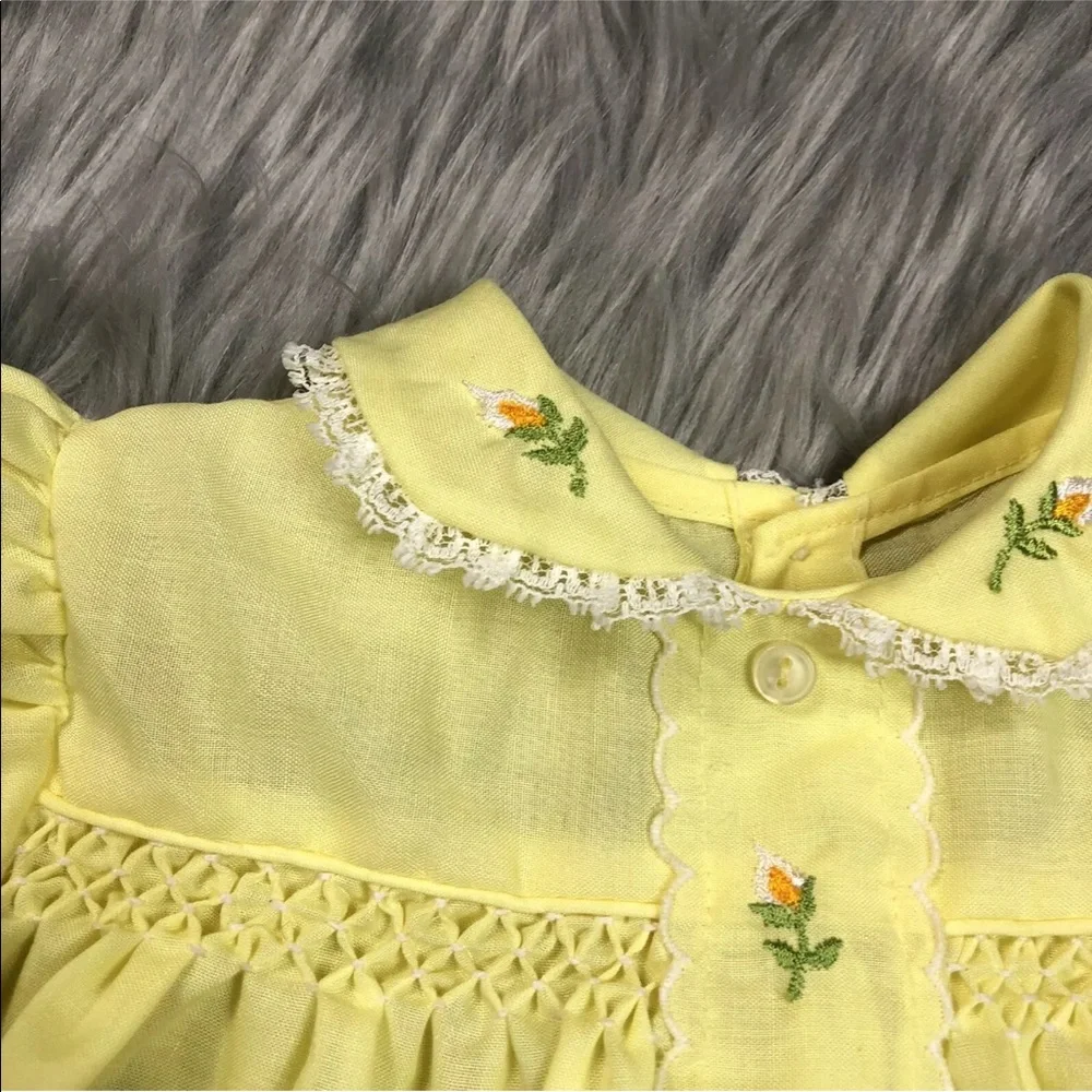 Vintage Baby Girls Yellow Smocked Floral Ruffle Dress